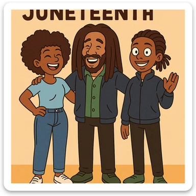 A woman Kinky hair light blue shirt blue jeans white shoes boy Dreadlocks dark brown hair green shuts navy blue zip up hoodie black jeans green shoes Bob Marley Vanessa Nakate Mae Jemison Happy JUNETEENTH sticker