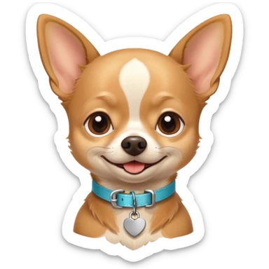 Chihuahua colored light brown with his name CHUG written on his collar  sticker