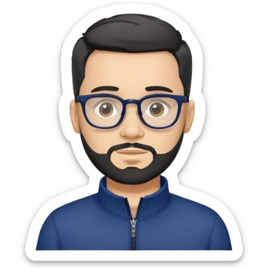 Light-skinned male with short black hair styled up, gray short beard, black-framed glasses, navy blue zip-collar sports long sleeve shirt sticker