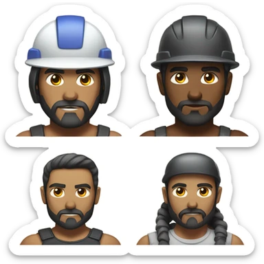 muscular half cyborg face half human with short straight, dark hair, hardhat, and a neatly trimmed beard sticker