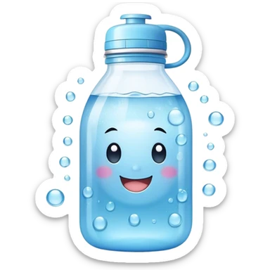 Cute Kawaii Water Bottle, round and bubbly, soft blue with tiny water droplets around, a happy smiling face, gentle glowing highlights, fresh and refreshing vibes! sticker