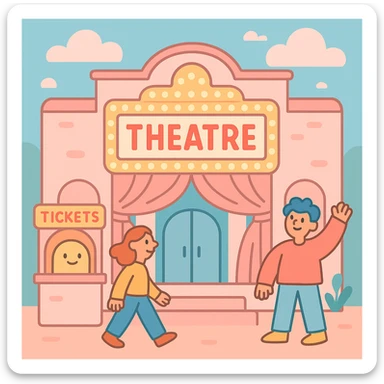 theatre building in light pink and pastel colors, soft and inviting, with classic marquee and curtains, modern illustration style sticker