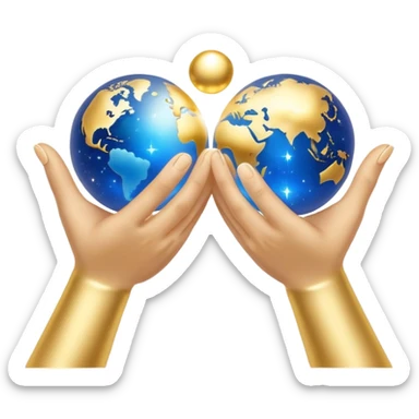 Emoji of two open hands holding a sphere of gold and blue light. Tiny sparkles emerge from the fingers, reflecting the power of manifestation. A pure white background. sticker