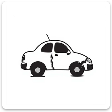 cartoon car with a big dent in the side, hand-drawn doodle style sticker