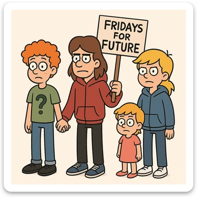  Fridays for Future a boy orange curly hair green question t-shirt jeans black shoes boy brown Hockey Hair red hoodie black trousers navy blue trainer shoes girl yellow hair with shirt dress pink shoe boy Yellow Orange hair blue jackets hoodie dark blue jeans white shoe  sticker