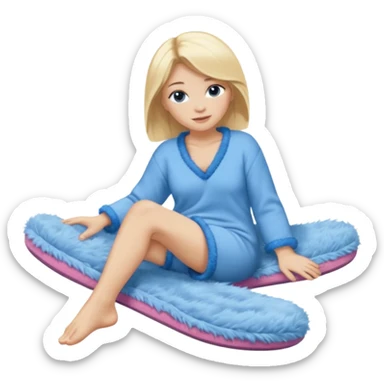 blonde woman wearing comfy lounging outfit, blue fuzzy slippers on her bare feet sticker