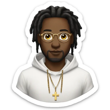 black man with white hoodie with a small silver cross pendant wearing gold glasses with freeform dreads sticker