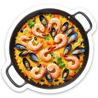 seafood paella in a pan with shrimp, mussels, rice, and saffron sticker