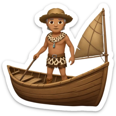 Ancient  man with animal skin clothes with boat  sticker