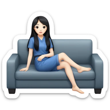 An Asian woman with a pale complexion and long black hair is sitting on a sofa with her feet on the ground. The picture is slightly sideways, with an overall angle of 35 degrees. sticker