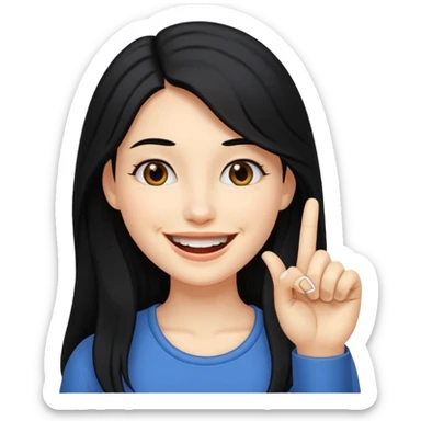 Haz una imagen de una mujer con cabello negro largo , con una sonrisa en su cara y la punta de su dedo indice entre sus dientes sticker