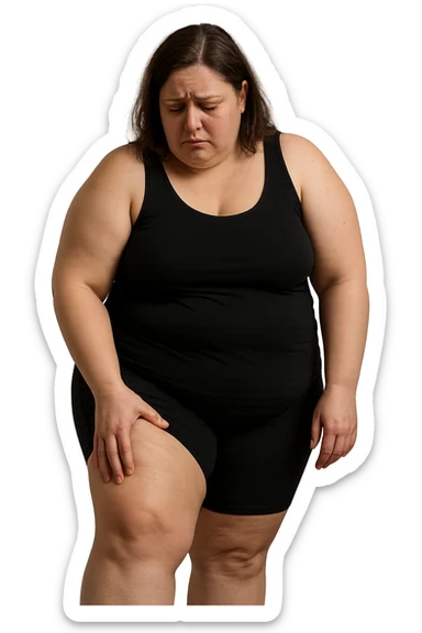 donna grassa che si tocca la coscia con espressione triste, IPERREALISTICA 4K sticker