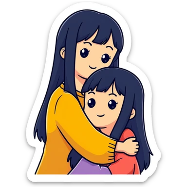 two white girls with long black hair hugging, one girl has bangs sticker