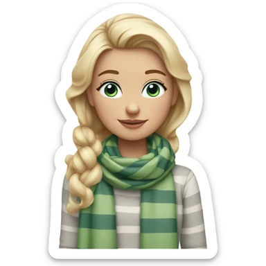 Blonde girl with blue eyes and eyelashes no lipstick in a light pink shirt with gray and green thick stripe scarf sticker