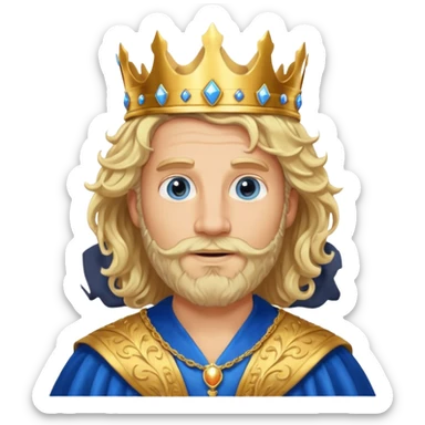 1 Middle-aged white king, 40 years old, blond hair, blond beard, long curly hair, blue eyes, kind and benevolent vibe, gentle smile, wearing a crown and blue robe emoji sticker