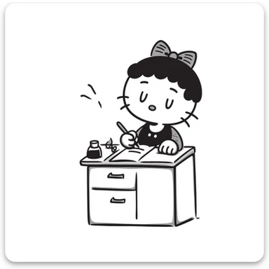 Hello Kitty sitting at a desk, writing in a notebook, adorable style sticker
