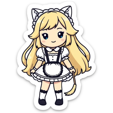 flirty petite blonde catgirl woman long hair freckles shy lace white French maid bare feet sticker