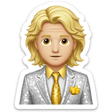 Apollo from Greek Mythology with long blonde wavy hair, white sequin suit jacket and tie, yellow shirt sticker