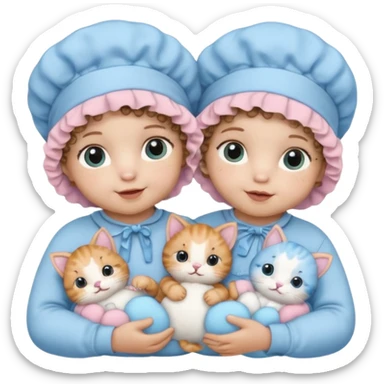 Curly hair baby twins with one wearing a baby pink bonnet and one wearing a baby blue bonnet while holding cat plushies sticker
