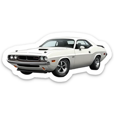 White 1971 Dodge Challenger with distinct muscle car silhouette, accurate 30-degree angle showing detailed front end and profile, maintaining authentic structure, all-white finish, iOS emoji style sticker