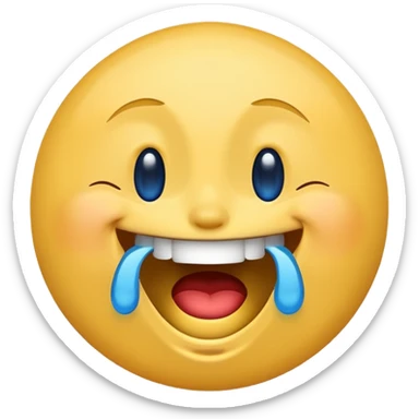 Emoji, yellow round laughing hysterically face, with blue tears of joy on it.  sticker