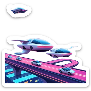A futuristic city at sunset with flying cars and holographic billboards." sticker