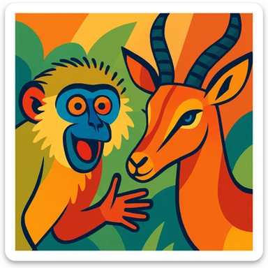 vervet monkey and impala head in vibrant toon style, expressive and colorful sticker