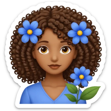 Qro uma moça morena de cabelo cacheado com uma flor azul no cabelo sticker