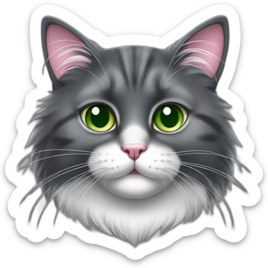 fluffy dark grey cat with pink nose, green eyes and white long whiskers, near the nose there are white spots and white breast sticker
