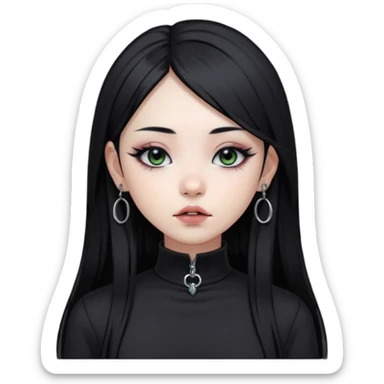 goth Asian girl, straight long black hair, vertical labret lip piercing, black mock neck shirt sticker