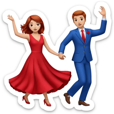 Two people dancing one wearing red and one wearing blue. Brown hair and red hair sticker