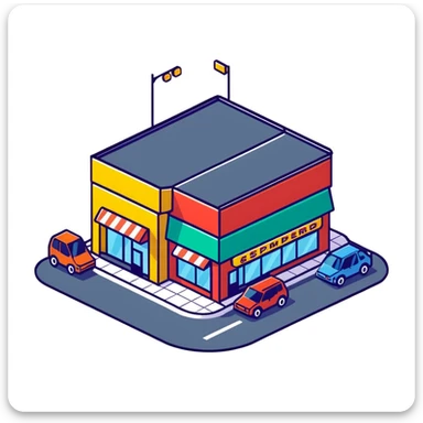 Isometric supermarket building exterior with colorful facade, parked cars, and entrance area sticker