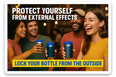 Készíts a következő jellemzőkre a mellékelt fotó felhasználásával a szöveghez illő képet, 1000x600px-es méretűt, fiatalos, dinamikus, megnyerő,változatos, színes, valósághű fotók legyenek!
„Megvéd a külső hatásokkal szemben”
Szennyeződések, darázscsípés (anafilaxiás sokk), „randidrog” esetek számának csökkentése. A „Zárd palackod a külvilág elől” drogprevenciós kezdeményezés fontos eleme. sticker