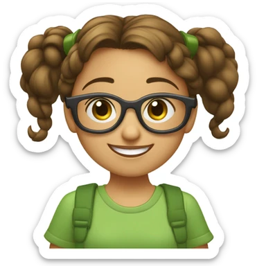 maestra de infantil con una bata de disney, joven con media melena morena y recta y gafas de metal. De complexión normal y estatura media. Ojos verdes y sonriendo  sticker