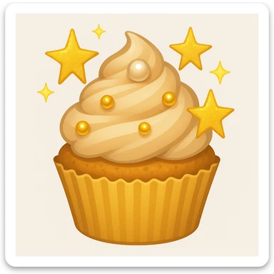 Add gold stars and a tiny edible pearl to the cupcake with beige frosting and gold pearls in emoji style. sticker