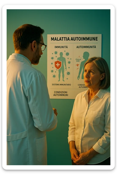 Realistic, detailed photo taken from behind of one doctor e un paziente —a bearded man and a middle-aged woman—standing and facing each other as they discuss an autoimmune disease diagnosis in front of a medical chart that displays information about the immune system and autoimmune conditions. The scene is illuminated by a yellowish, orange, warm light that softly envelops the doctors. The entire room is bathed in a single green-blue color, creating a cohesive and modern atmosphere. Both doctors wear white coats, and their body language suggests a serious, professional conversation about the complexities of autoimmune diseases. Shot with a Canon EOS R5, with high detail and natural depth of field. in italiano sticker
