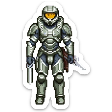 male Halo Spartan nomad with battle-worn armor and scavenged equipment sticker