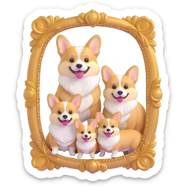 corgi family smiling in a gold ornate frame sticker