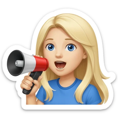  blue eyes blonde girl yelling into megaphone smiling long hair sticker