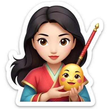 Cinematic Adorable Mulan Portrait Emoji, Playfully holding Cri-Kee in her hands, eyes sparkling with mischief, soft rosy cheeks, a warrior with a heart full of charm, radiant in the morning sunlight, glowing with warmth and joy! sticker