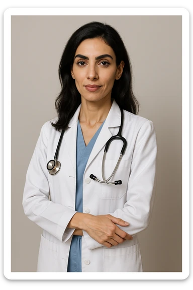 Arab doctor, 46 kg, 173 cm, medium black-brown hair, black eyes with long lashes and thick eyebrows, beautiful mouth, defined facial bone structure, prominent cheekbones, chin with a dimple (غمازة ذقن), wearing medical attire, elegant and professional appearance, standing, neutral background sticker