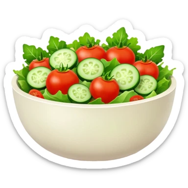 Salads avatar in clean emoji-style illustration. Fresh salad bowl with greens, tomatoes, cucumber, bright green tones, simple shapes, flat design, high contrast, light and healthy. sticker