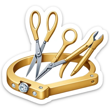 Create a bright and detailed icon representing jewelry art and the craft of making jewelry. The design should feature elements like a sparkling diamond, a gold ring, a jeweler’s tools (such as pliers and a workbench), and some delicate detailing that conveys craftsmanship and luxury. The icon should be clean, vibrant, and visually striking, with a balance of sophistication and creativity. sticker