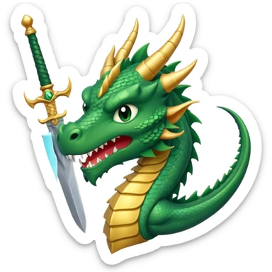 cartoonish green dragon's head pierced by a sword, eyes closed in defeat, symbolizing victory over challenges, WhatsApp emoji style sticker