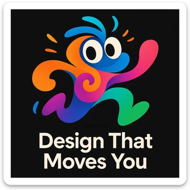 abstract mascot for a black website, playful and energetic, with expressive eyes and flowing forms to show thinking and movement, bright lively palette, for a creative tech portfolio, includes the tagline 'Design That Moves You' sticker