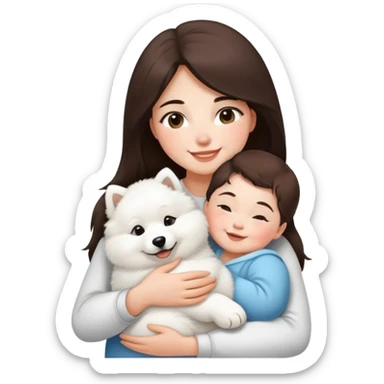 a shoulder-length brunette girl snuggles a cute smiling baby samoyed sticker