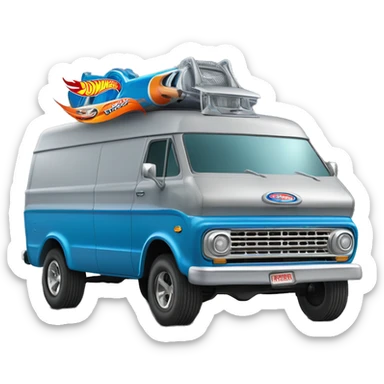 Side-on shot, Hot wheels, Hot rod, large panel van truck,1973 with exposed chrome exhaust pipes, blue, large wheels in back, logo “Stinky’s Diaper Cleaner” sticker