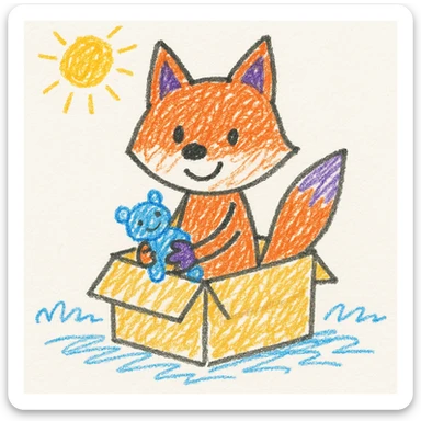 cute fox sitting in a cardboard box with playful expression, kids toy aesthetic, fox holding a toy sticker