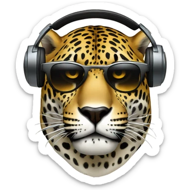 jaguar dj, emoji head, looking forward, wearing dark sunglasses, wearing over-ear headphones on top of head sticker