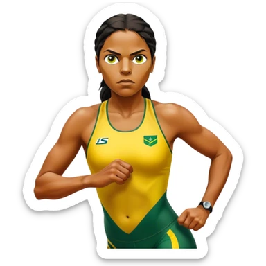 Cinematic Realistic portrait of Cathy Freeman, shown as an iconic Australian sprinter with a focused, determined expression and modern athletic yellow and green attire accented with subtle native motifs, rendered in dynamic, vibrant lighting sticker